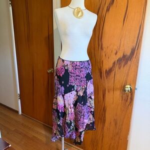 Floral Panel Black Midi Skirt with Pink & Purple Print
